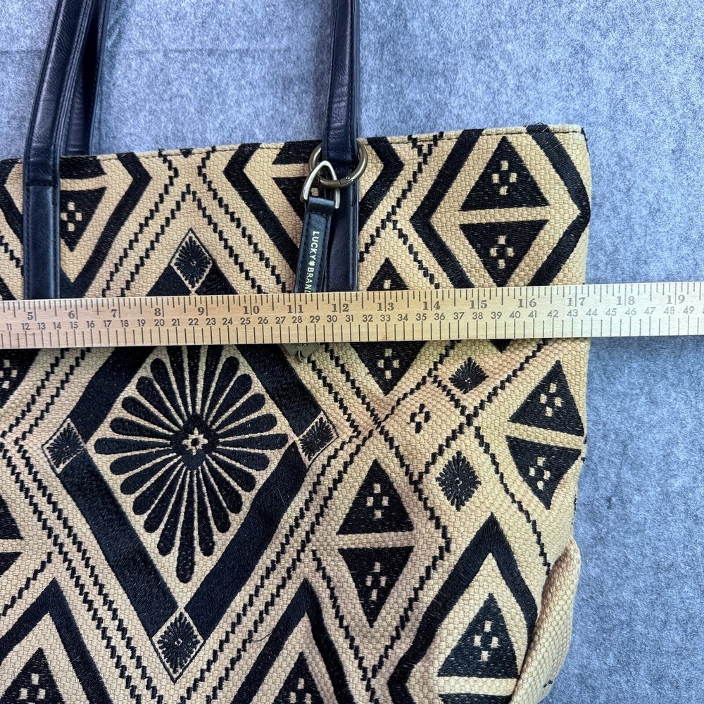 Lucky Brand Cassis Top Zip Tan Black Embroidered Boho Tote Shoulder Bag - Picture 4 of 7